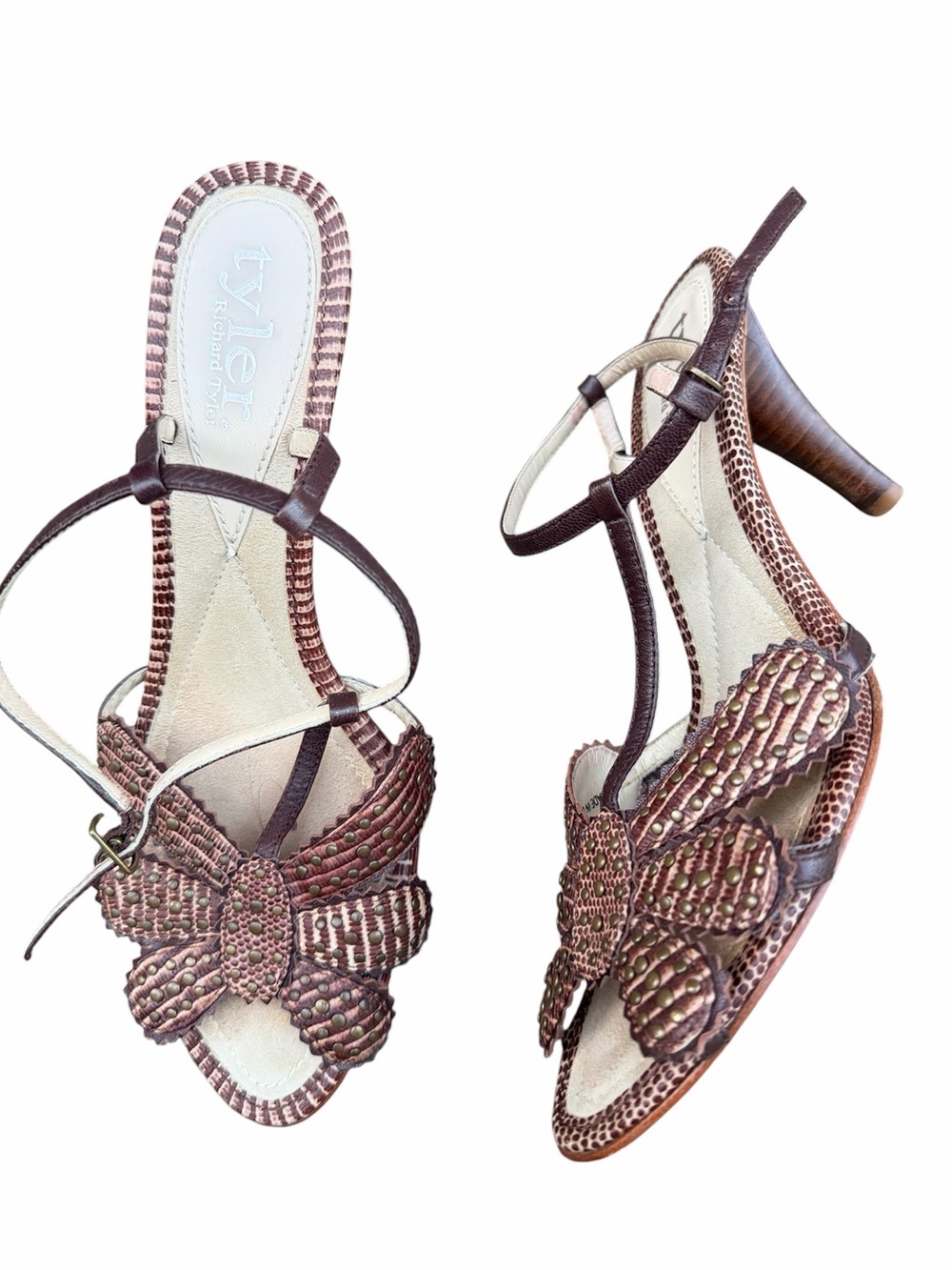 90’S Vintage RICHARD TYLER Julep Bow Detail Leather strappy Heels Brown Size 9.5